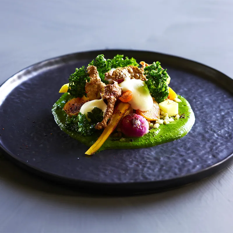 Plated seasonal vegetable dish on a dark plate by PEARL at Stix Farm